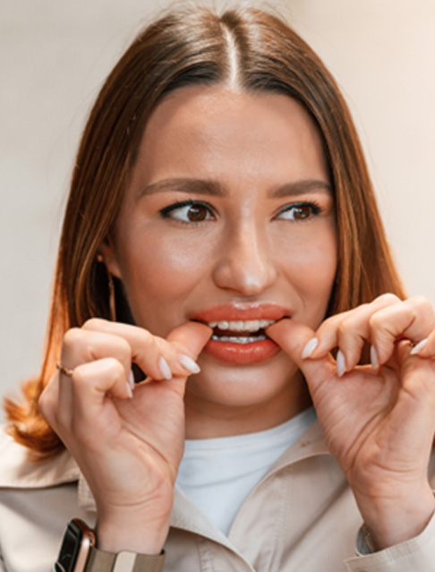 Patient putting on clear aligner in treatment room