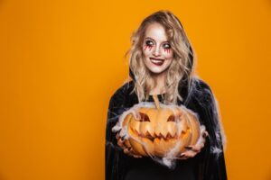Woman dressed up for Halloween with an attractive smile